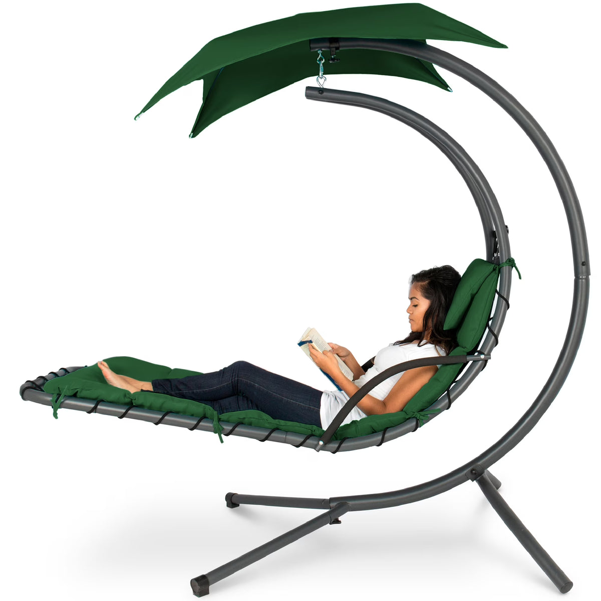 Best Choice Products Hanging Curved Chaise Lounge Chair Swing for Backyard, Patio w/ Pillow, Shade, Stand - Teal