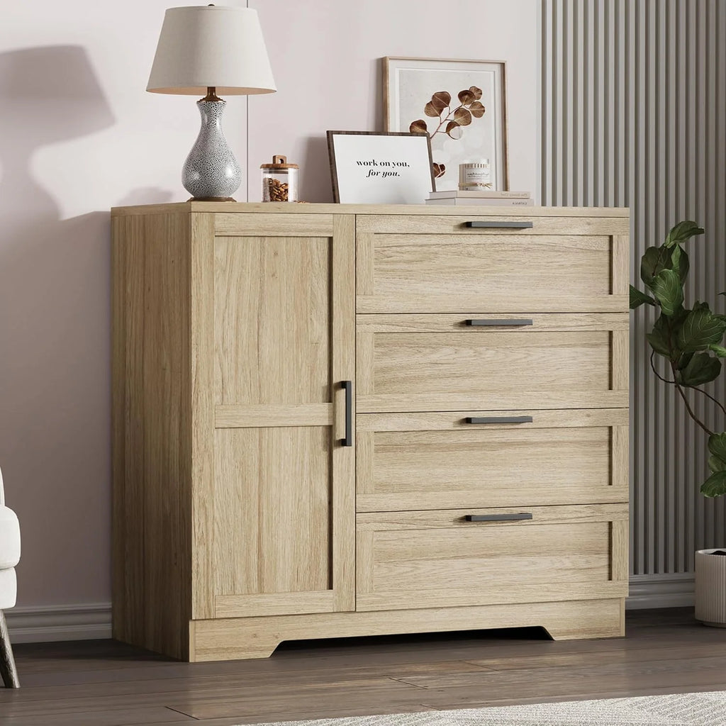43.3" H Armoire Wardrobe Closet with 4 Drawers & Hanging Rod, Multifunctional Wood Storage Cabinet for Bedroom, Natural Oak