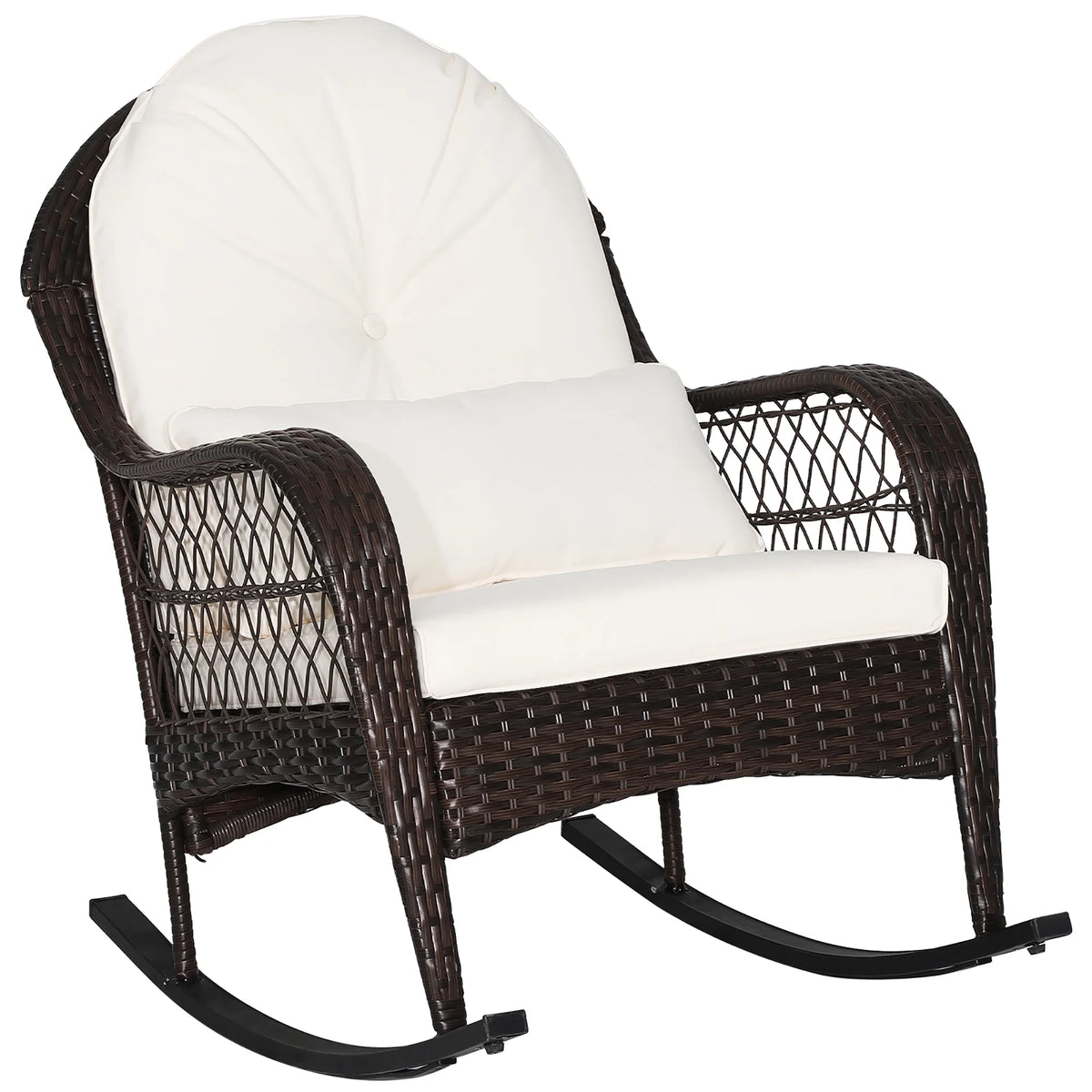 Costway Patio Wicker Rocking Chair W/Seat Back Cushions & Lumbar Pillow Porch Off White