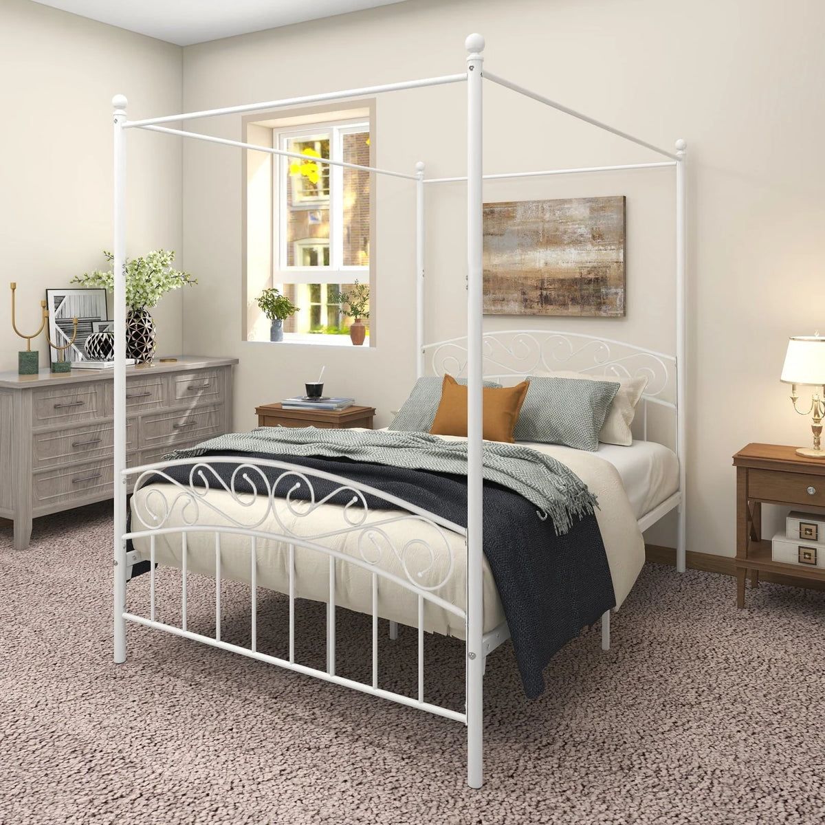 Canopy Bed Frame Full with Headboard and Footboard, White Canopy Bed with Center Support Legs, 4 Poster Bed Frame Platform Bed Frame, Easy to Assemble