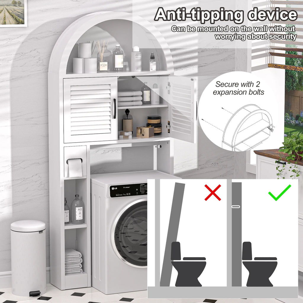 HARIPUL Over The Toilet Storage Cabinet w/ Unique Wood Grain & Arc Design, Freestanding Bathroom Shelf Organizer Space Saver w/ Doors & Anti-Tip Device, Wood Color