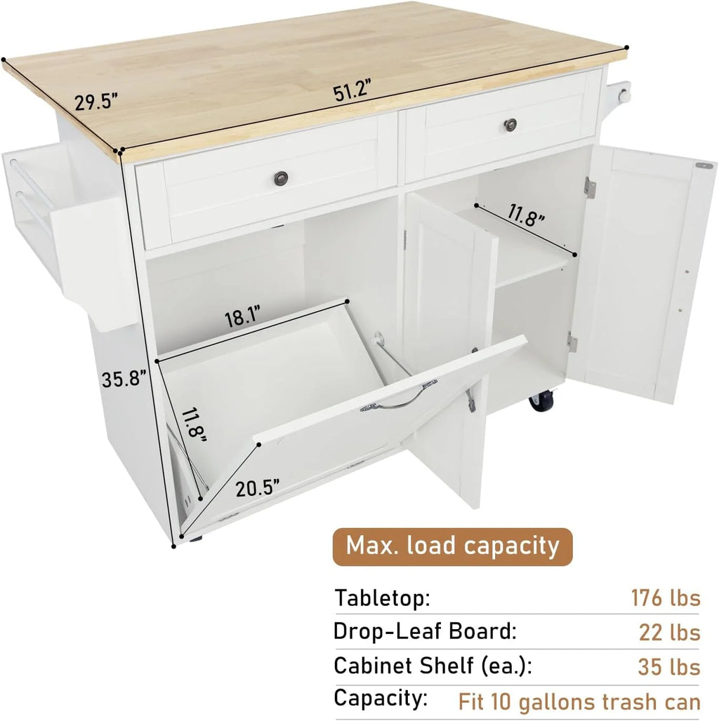 ANPOO 67" Rolling Kitchen Island with Drop Leaf, Tilt Out Kitchen Trash Cabinet 10 Gallon Storage, Kitchen Cart Island with Rubber wood Top, Spice Rack and Drawers