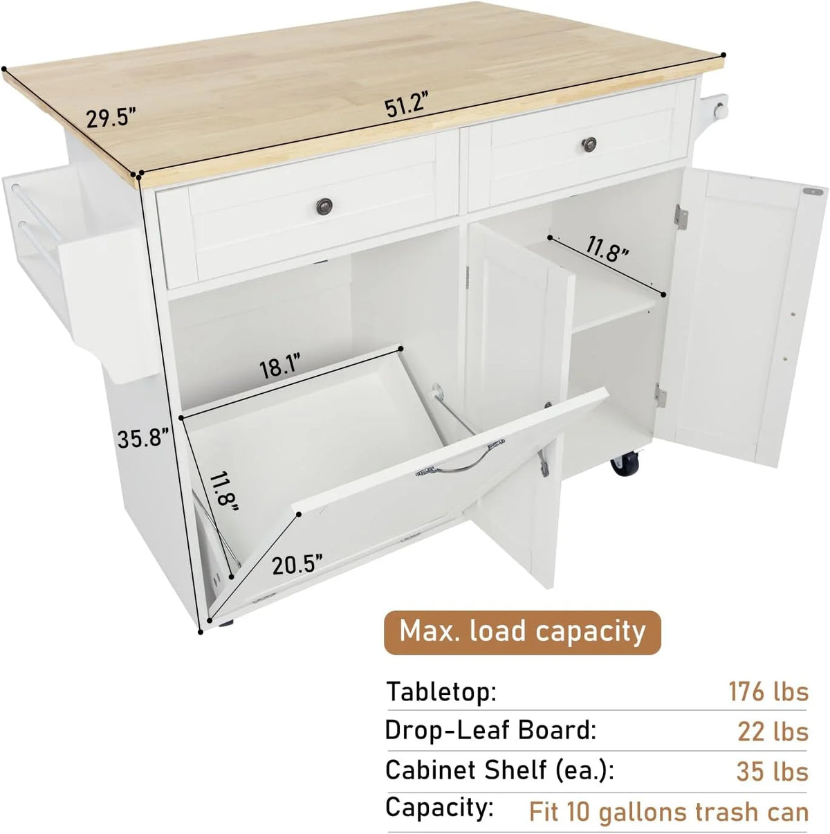 ANPOO 67" Rolling Kitchen Island with Drop Leaf, Tilt Out Kitchen Trash Cabinet 10 Gallon Storage, Kitchen Cart Island with Rubber wood Top, Spice Rack and Drawers