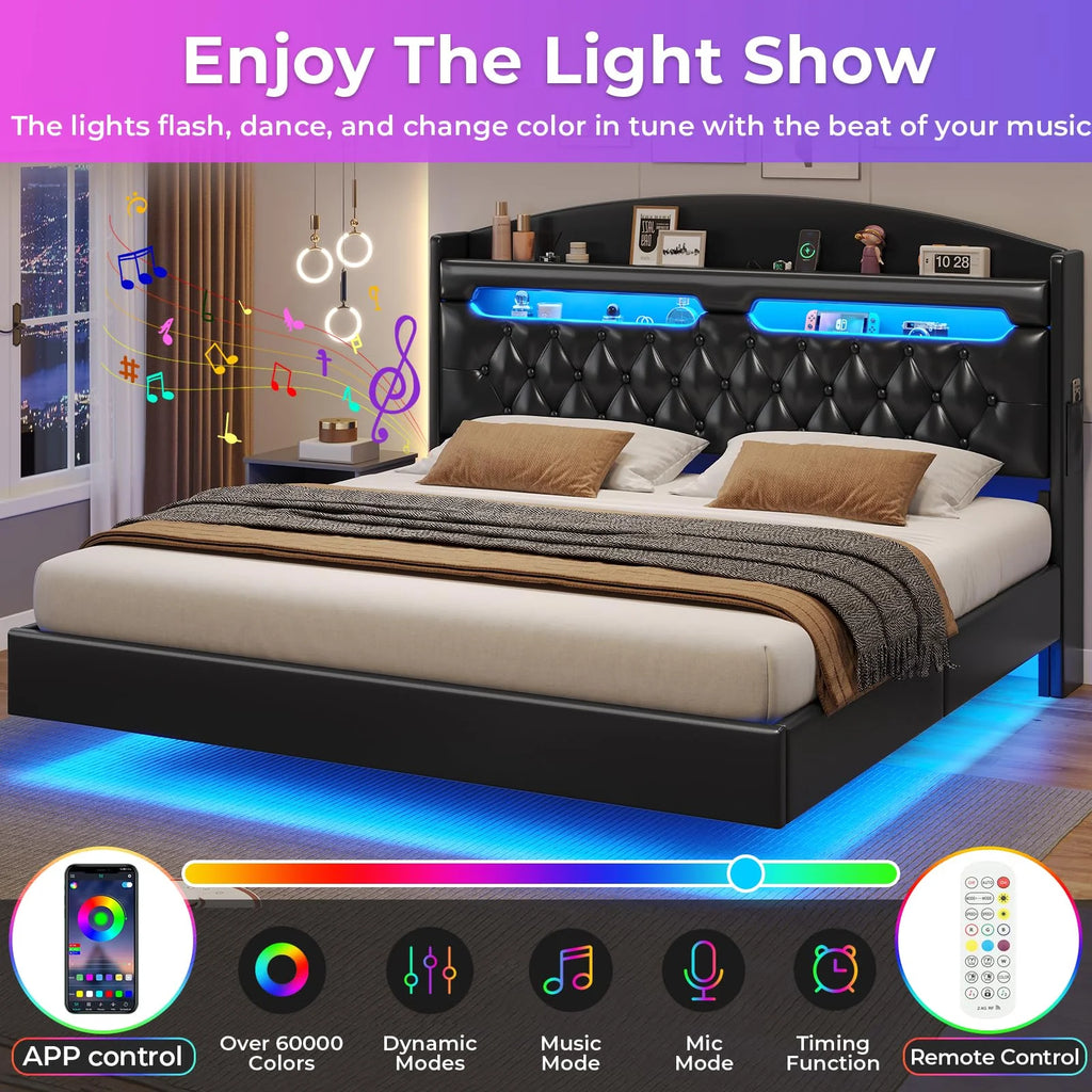 King Size Bed Frame with Storage Headboard and LED Lights,Upholstered Platform Bed with USB Port Charging,Headboard with Shelves Hidden Storage,Noise-Free,Dark Grey