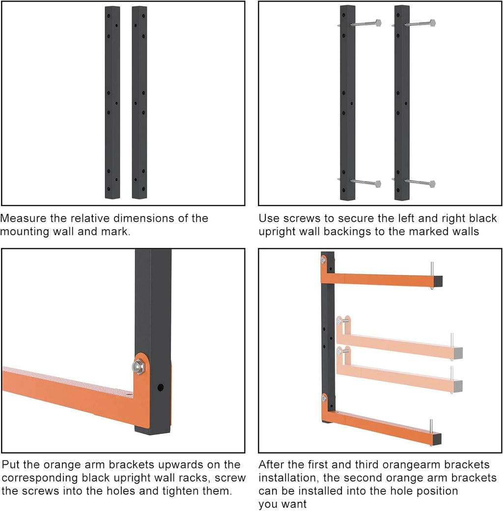 Wall Mount, Lumber Storage Rack, Heavy Duty Wood Storage Racks with 6-Level System, 720 lb Sturdy Garage Wood Organizer, Orange Lumber Metal Racks for Indoor and Outdoor