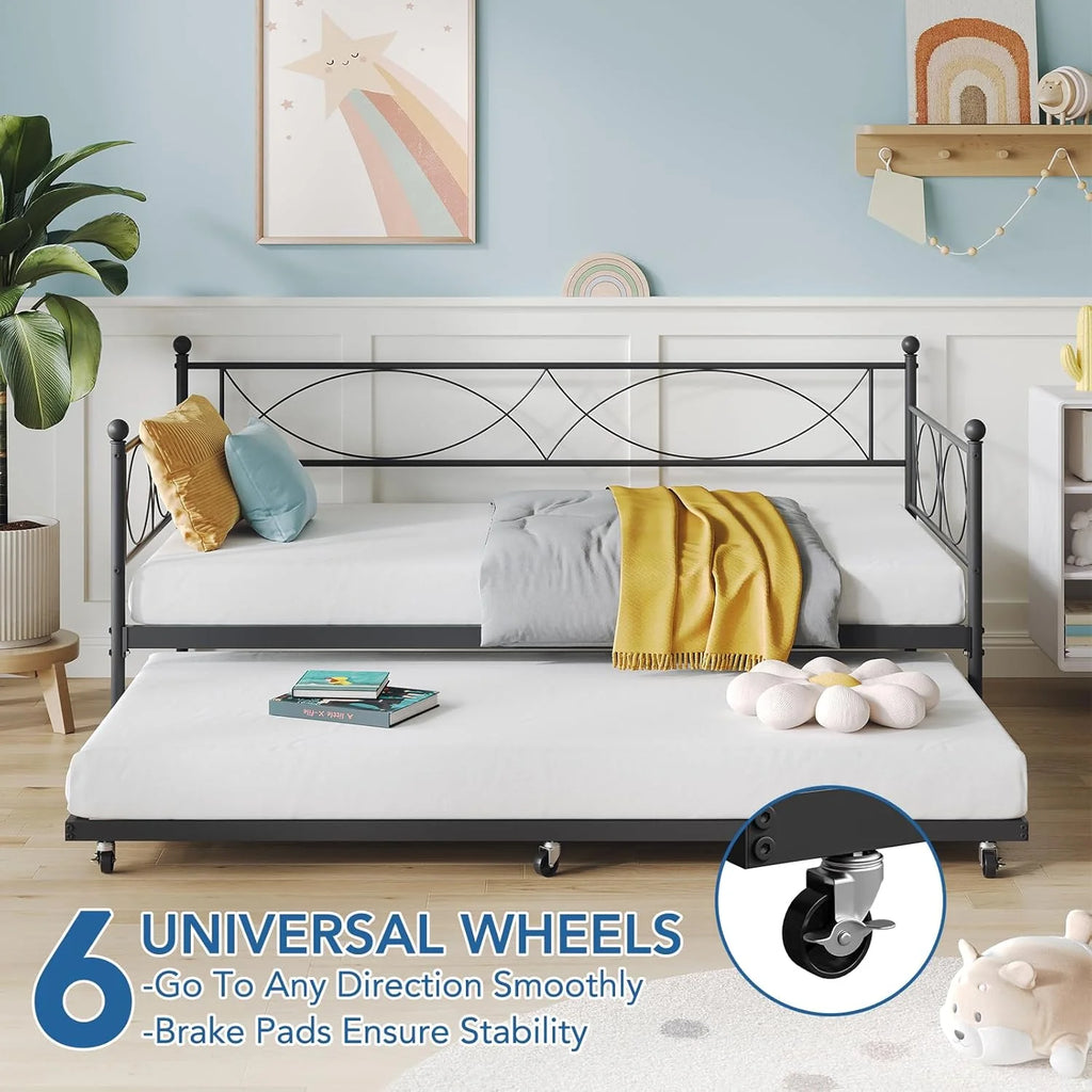 Senfot Twin Daybed with Trundle, Pull Out Trundle Day Bed, Twin Mattress Foundation with Metal Slats, Modern Sofa Bed for Living Room, Bedroom, and Guest Room, Black