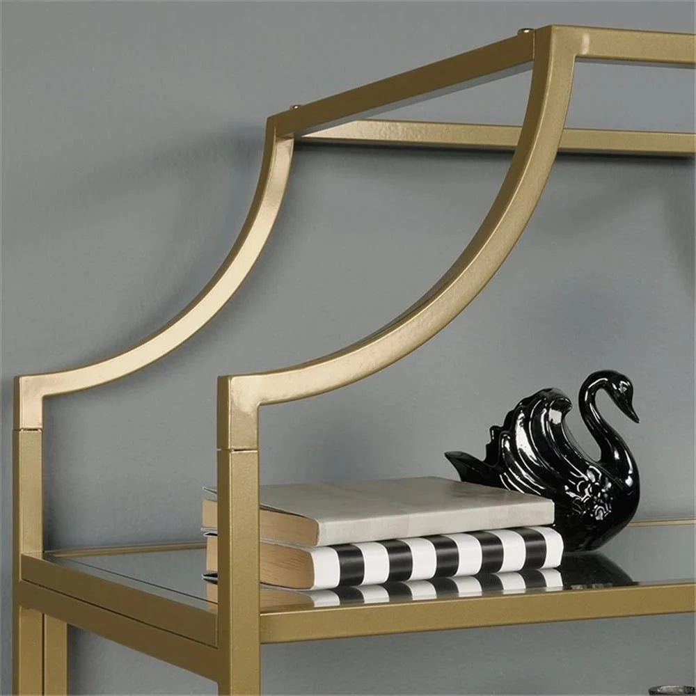 Pemberly Row 5-Shelf Modern Metal Bookcase in Gold Satin/Faux Deco Stone
