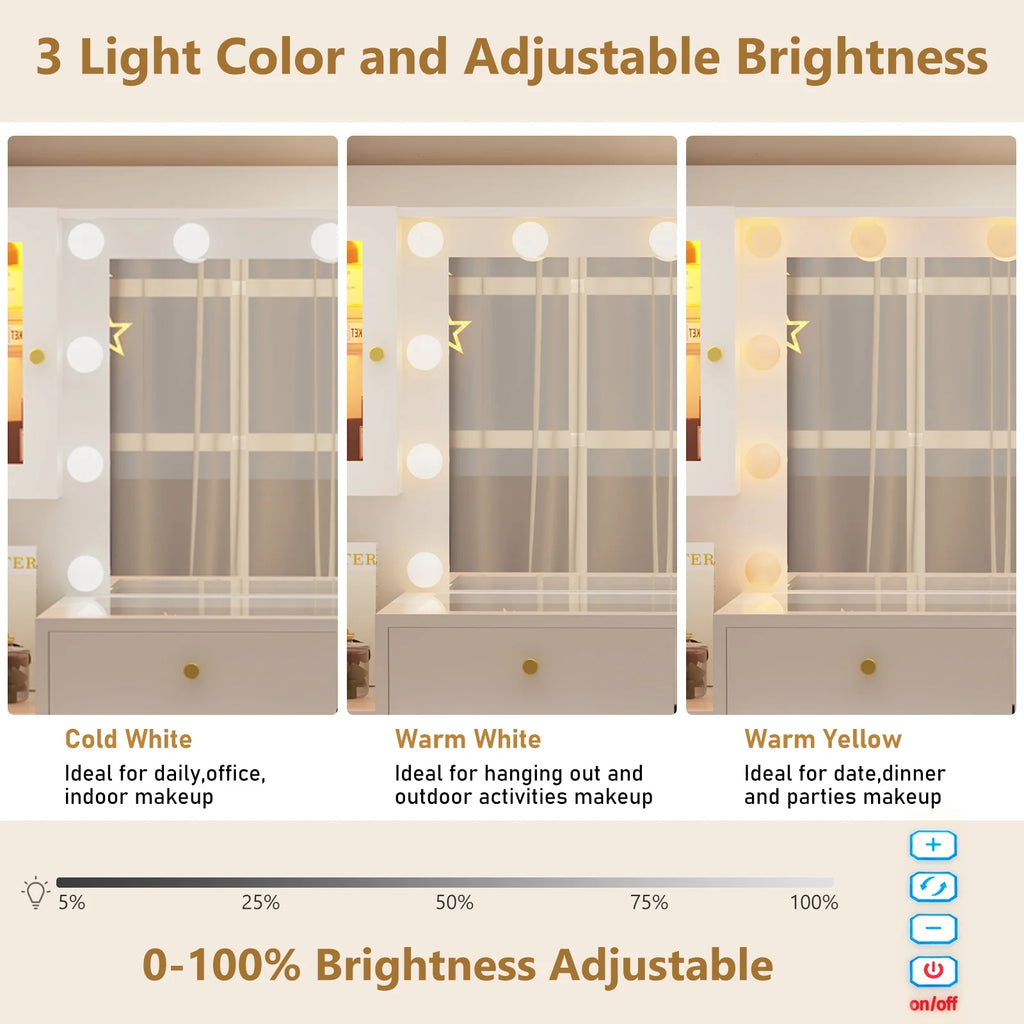 ChVans 62'' Large Vanity Desk with Tempered Glass Top, 11 LED Bulbs, Charging Station, Bedroom Makeup Vanity with 3 Lights Mode LED Mirror, 6 Translucent Drawers, 2 RGB cabinets for Women, Girls Gift