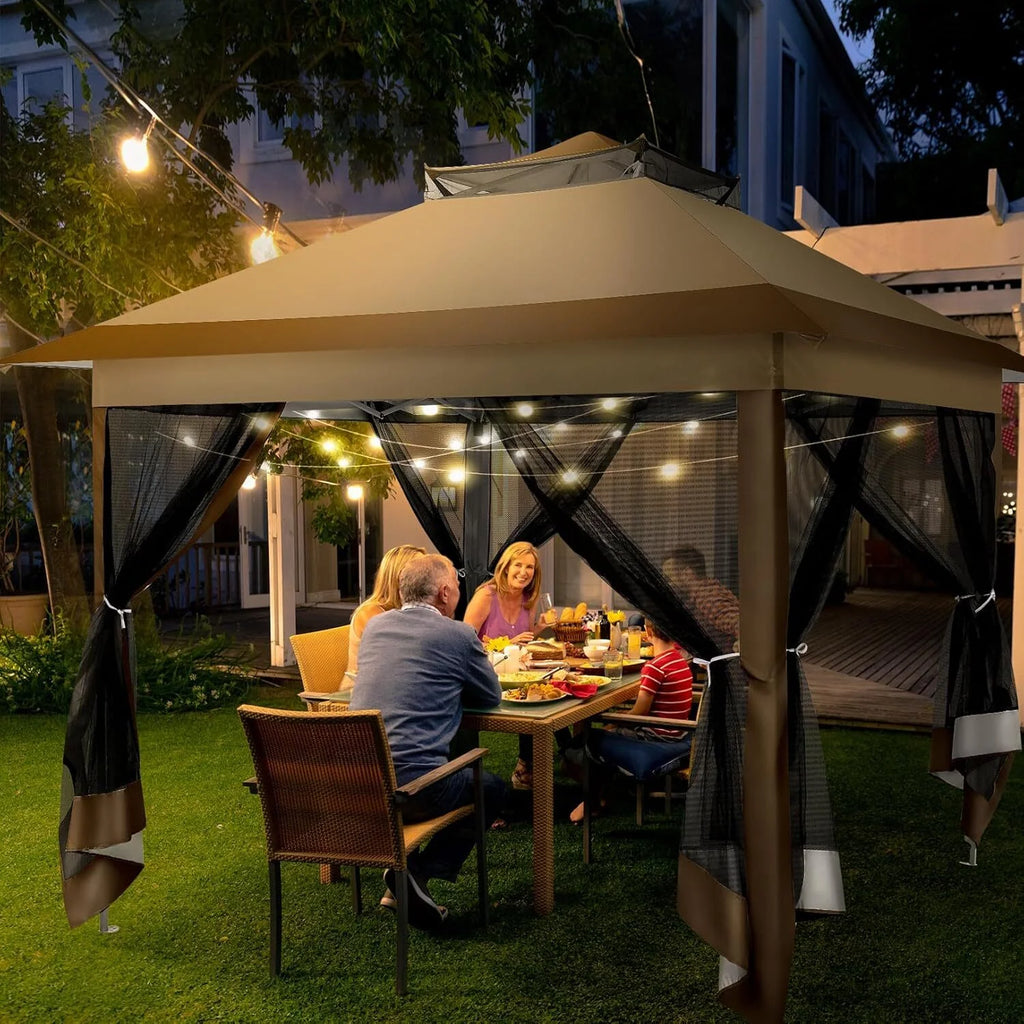 COBIZI 12x12 Outdoor Gazebo Pop Up Gazebo Canopy with Mosquito Netting Patio Tent Backyard Canopy with 2-Tiered Vented Top 3 Adjustable Height, Beige