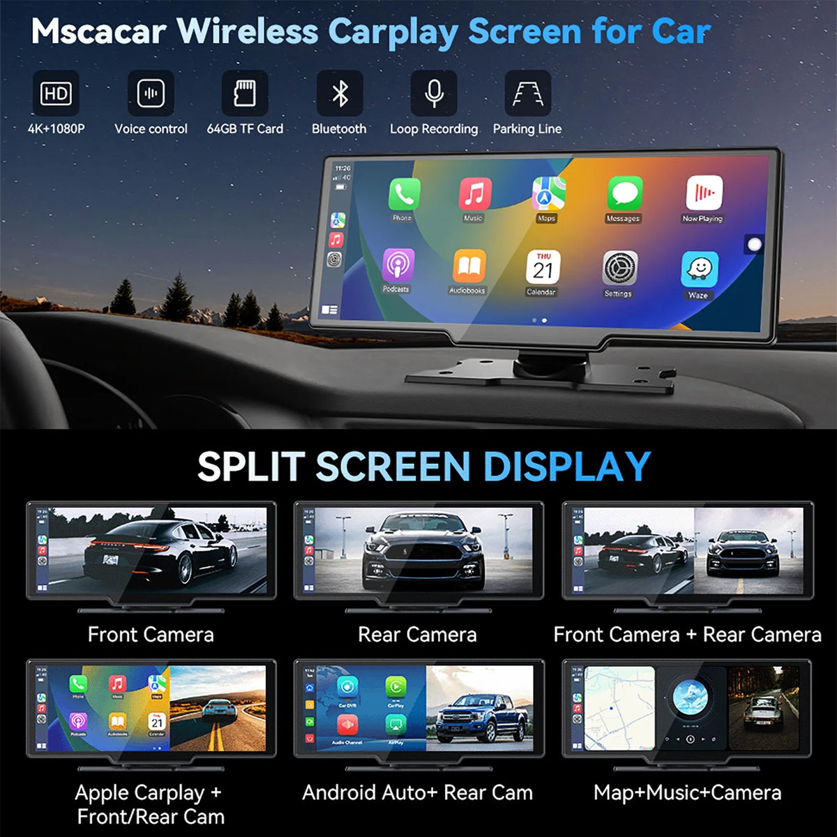 10.26�� Wireless Apple Carplay Screen with Android Auto, 4K Dash Cam, Backup Camera, Bluetooth, GPS, Voice Control