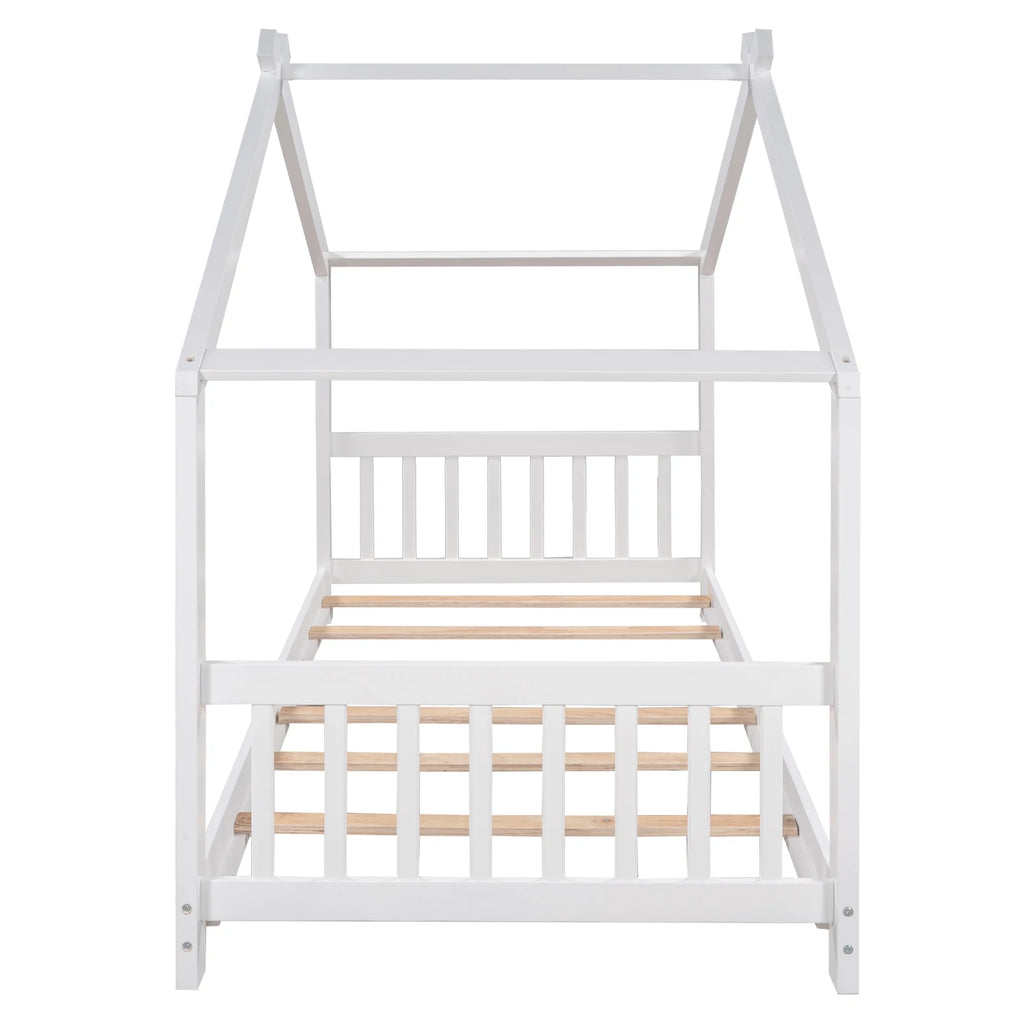 Euroco Wood House-Shaped Twin Platform Bed for Kids, Low Profile House Bed, No Box Spring Needed, Wood Color