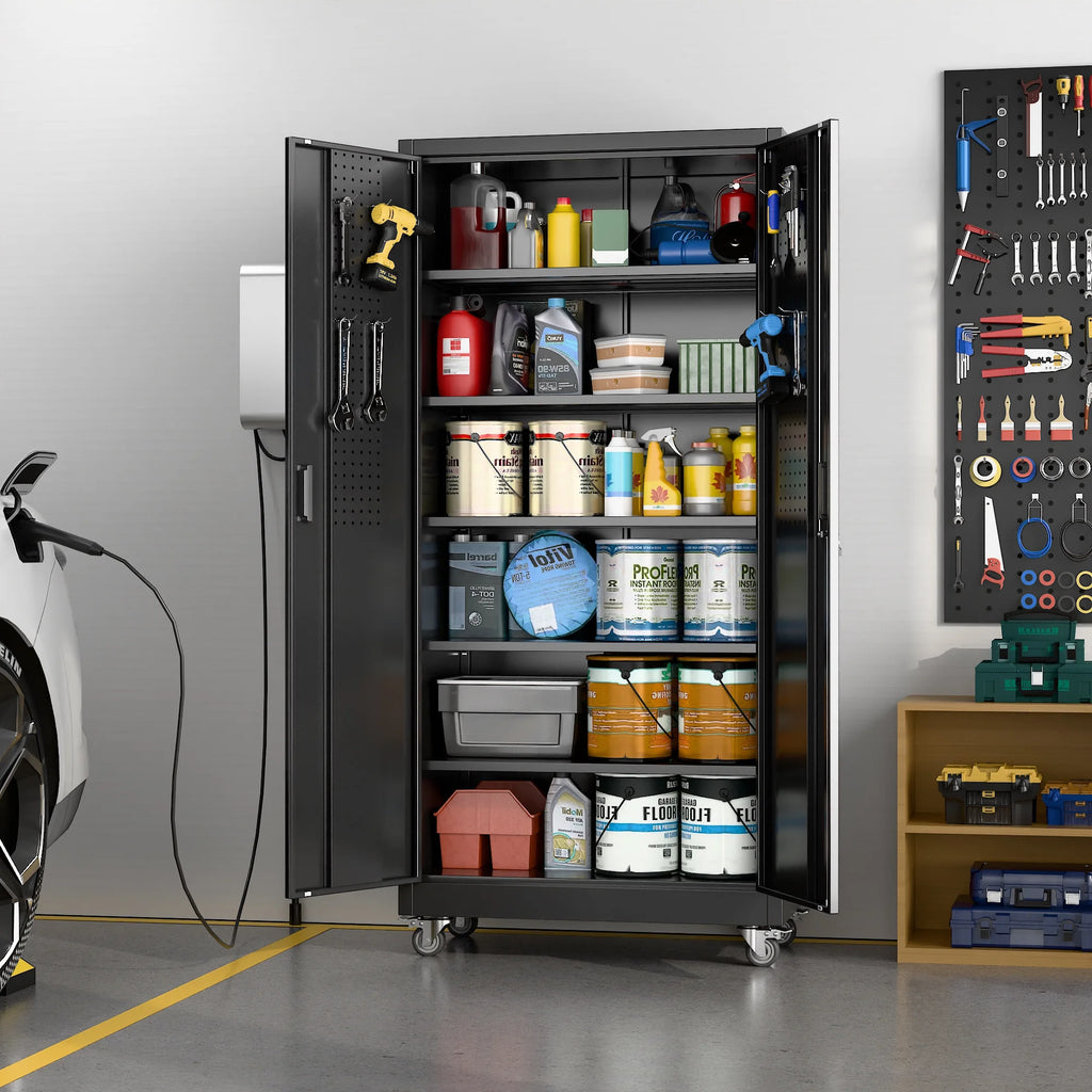 Aobabo Metal Storage Cabinet with Lock,Garage Storage Cabinet with Wheels,72In Steel Storage Cabinet for Garage Home Storage, Black Required-Assembly