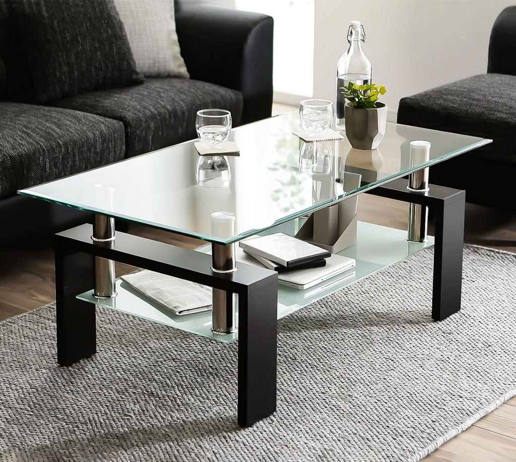 Glass Coffee Table with Lower Shelf, Clear Rectangle Glass Coffee Table, Modern Coffee Table with Metal Legs, Rectangle Center Table Sofa Table Home Furniture for Living Room, L5509