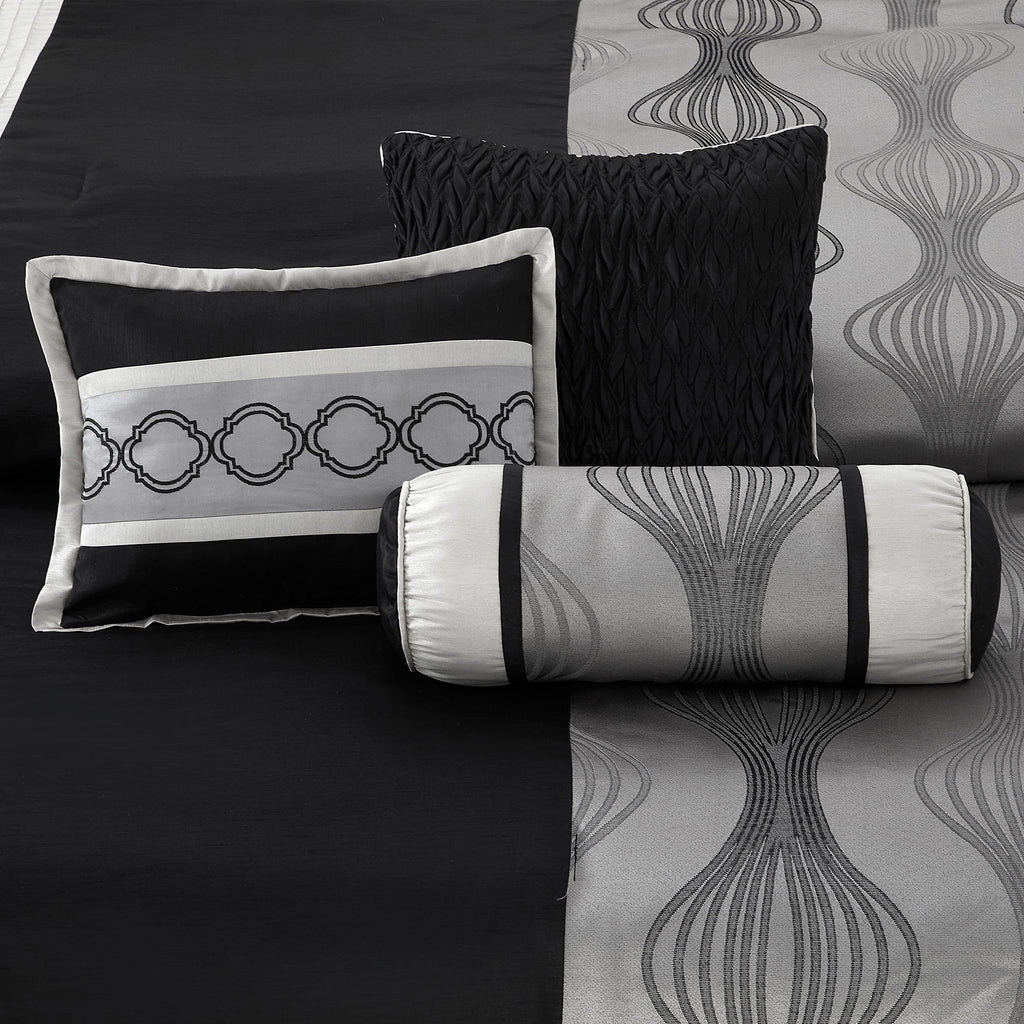 Lanco Elegant Black and Gold Comforter Set,Striped, 7 Pieces Jacquard Bedding Sets with Comforter for All Season, Bed Skirt, Pillows & Shams, Queen Size, Lightweight Microfiber