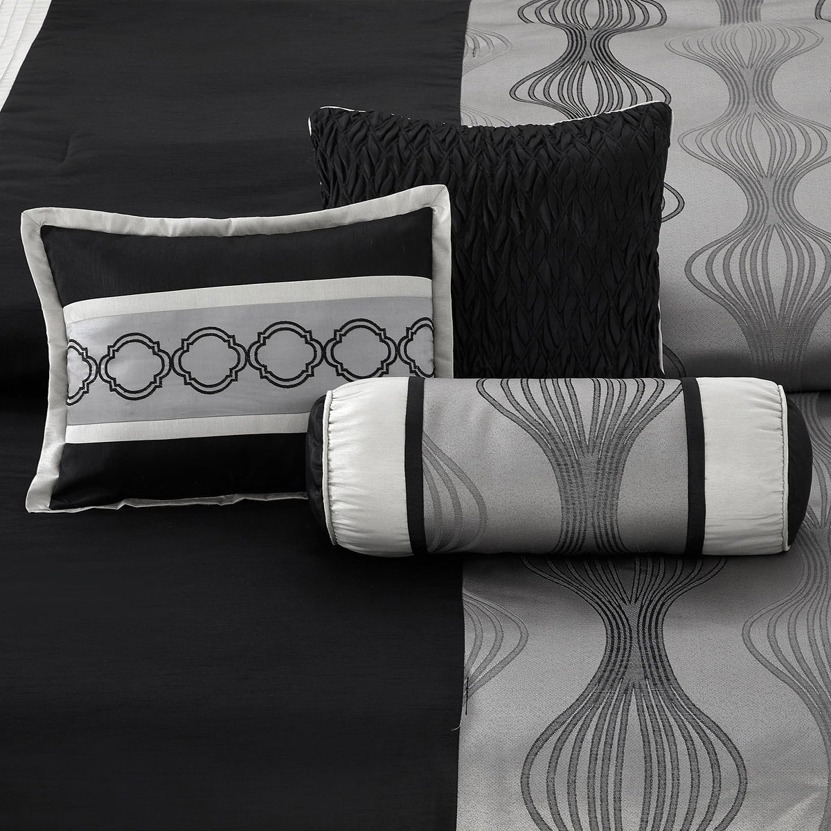 Lanco Elegant Black and Gold Comforter Set,Striped, 7 Pieces Jacquard Bedding Sets with Comforter for All Season, Bed Skirt, Pillows & Shams, Queen Size, Lightweight Microfiber