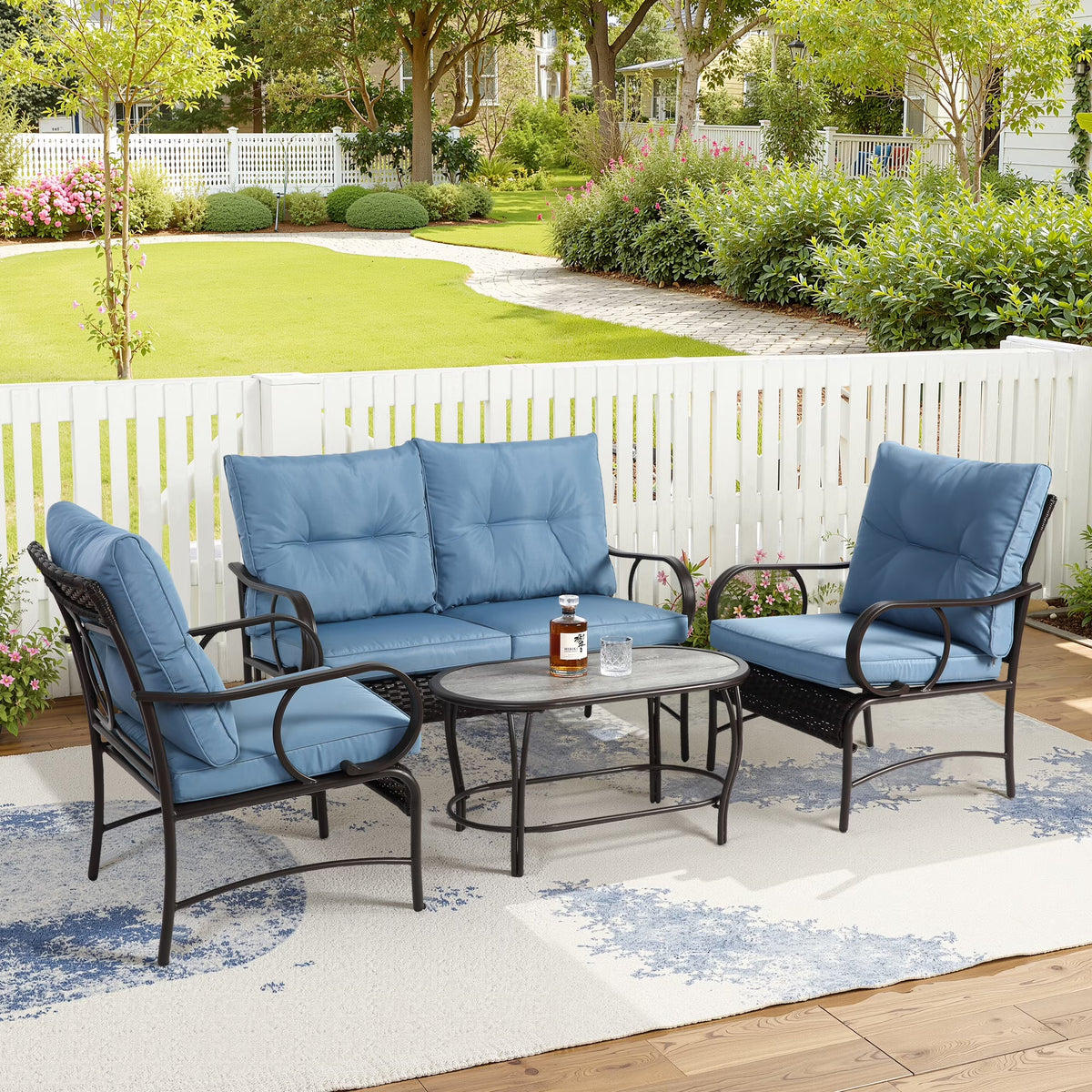 Patio Sofa Set, 4 Pieces Outdoor Sectional Furniture, All-Weather PE Rattan Wicker Patio Conversation Set, Cushioned Sofa Set with Coffee Table for Patio Garden Poolside Deck