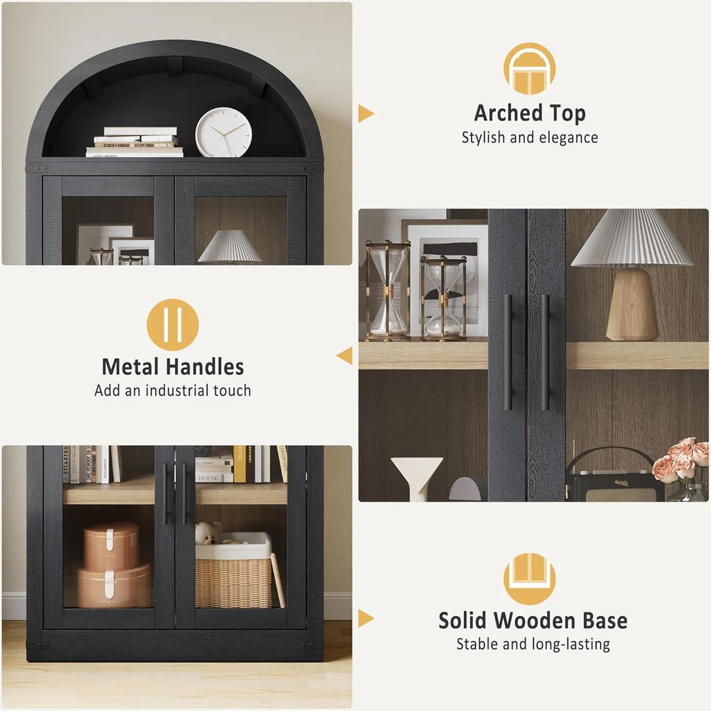 NEILA Arched Bookshelf with Doors - Glass Doors - 15.83 inches deep by 71.4 inches tall rustic ambiance premium wood display cabinet for living room, kitchen and office,Glass Door_Black