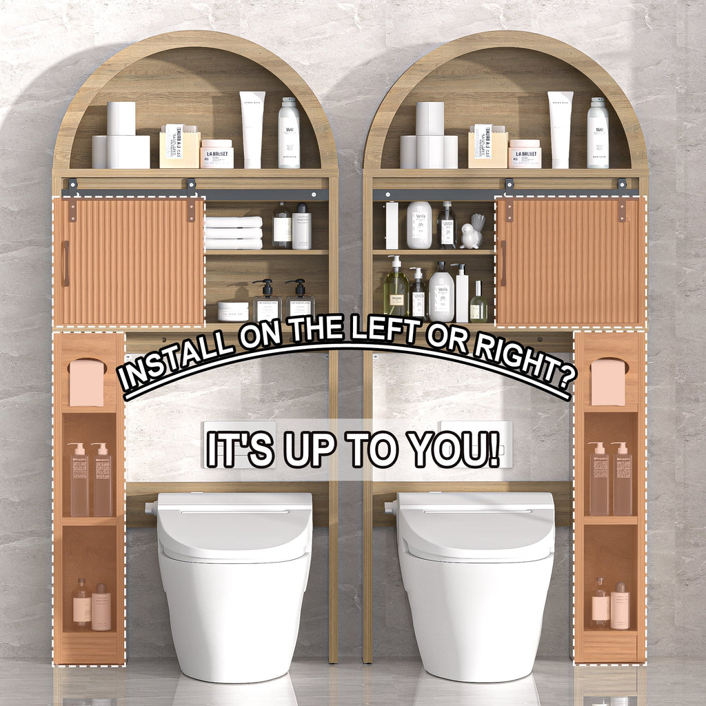 HARIPUL Over The Toilet Storage Cabinet w/ Unique Wood Grain & Arc Design, Freestanding Bathroom Shelf Organizer Space Saver w/ Doors & Anti-Tip Device, Wood Color