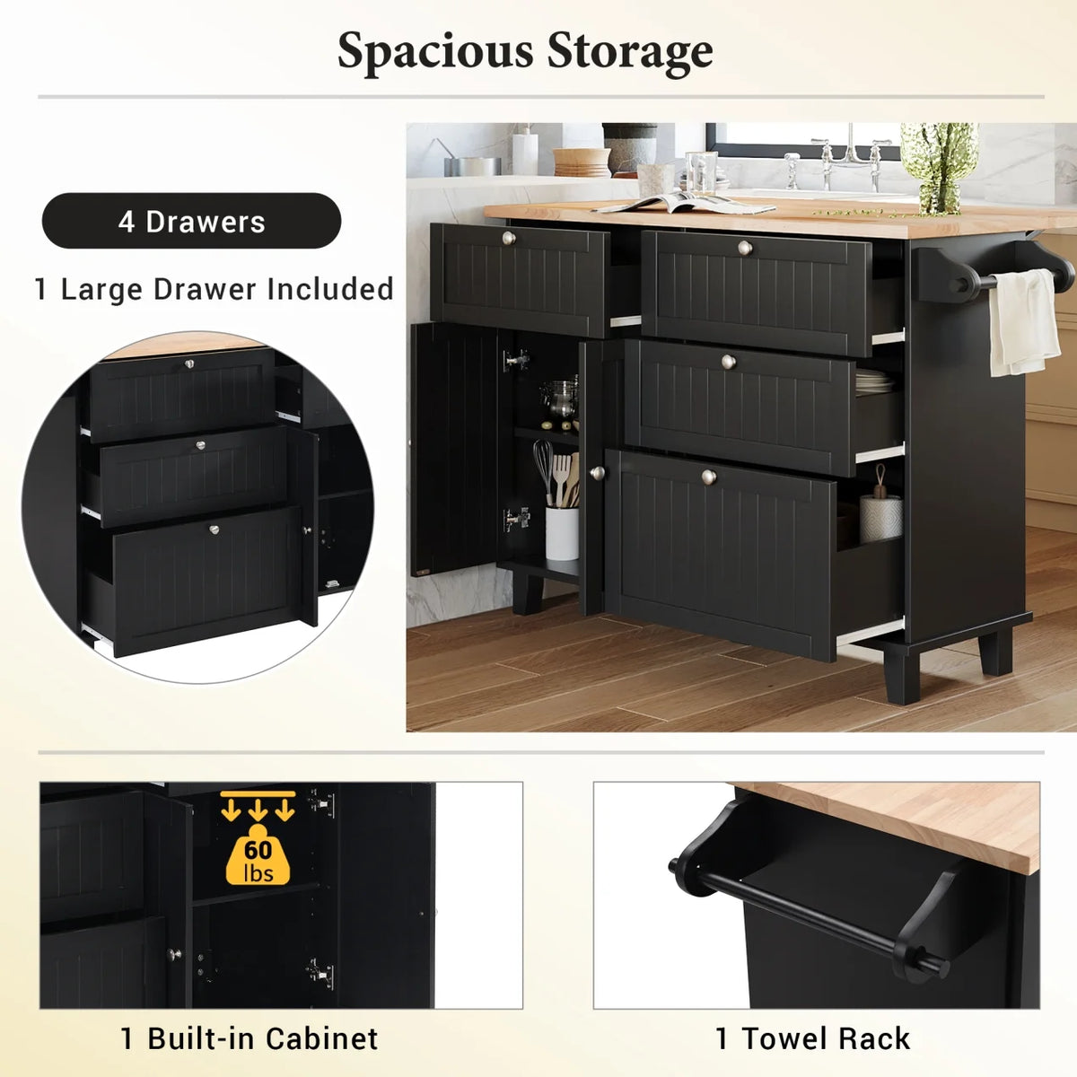 Kitchen Island with Storage, Portable Kitchen Island on Wheels with Drop-Leaf and 2 Stools, Built-in 4 Drawers and Towel Rack, Rolling Kitchen Island Cart for Home, Kitchen and Dining Room, White