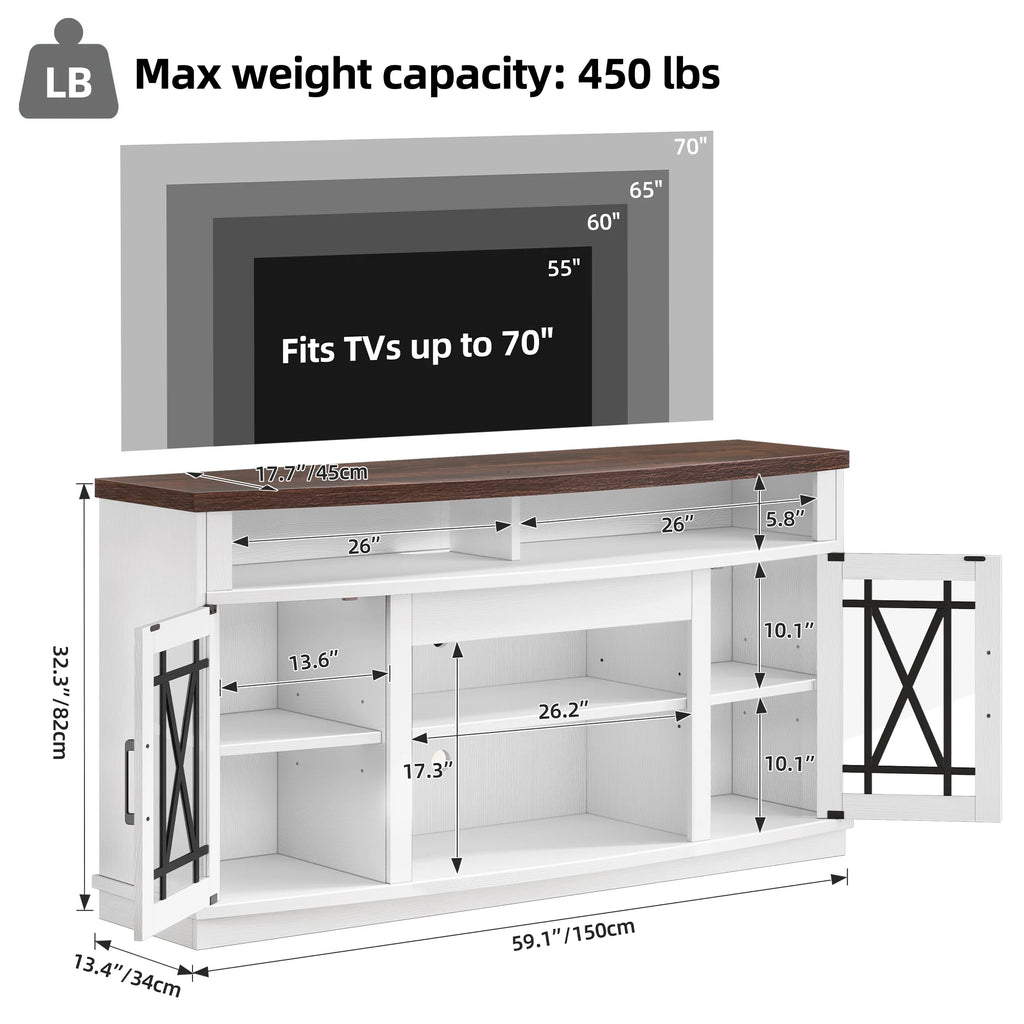 Dextrus TV Stand with LED Lights for TVs up to 70", Entertainment Center Media Console Cabinet with Glass Door, Rustic Gray