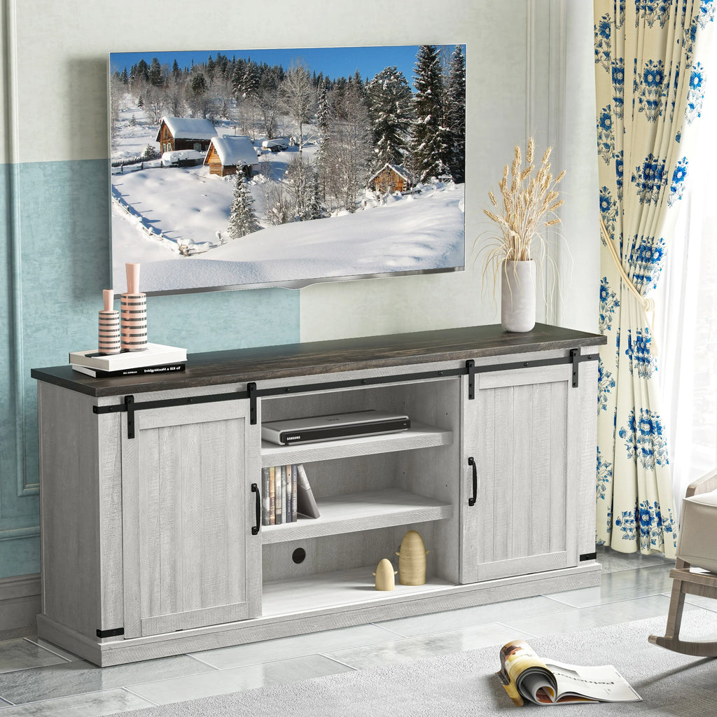 FESTIVO Farmhouse TV Stand for 75" TV, Entertainment Center, Sliding Barn Door TV Stand, 68 inch TV Console Table, Home Living Room Media Console with Adjustable Shelf - Off White