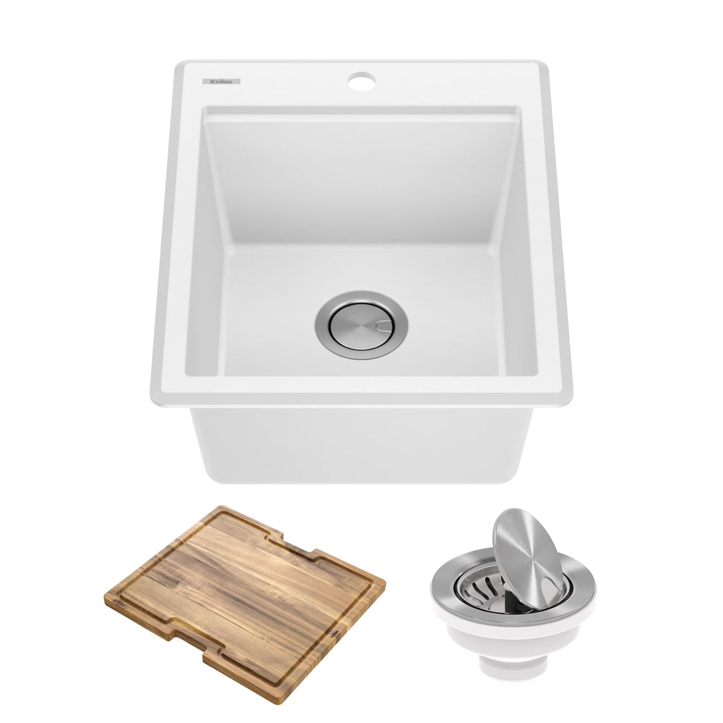 KRAUS Bellucci 18 Granite Composite Workstation Drop-In Top Mount Single Bowl Kitchen Bar Sink in White with Accessories