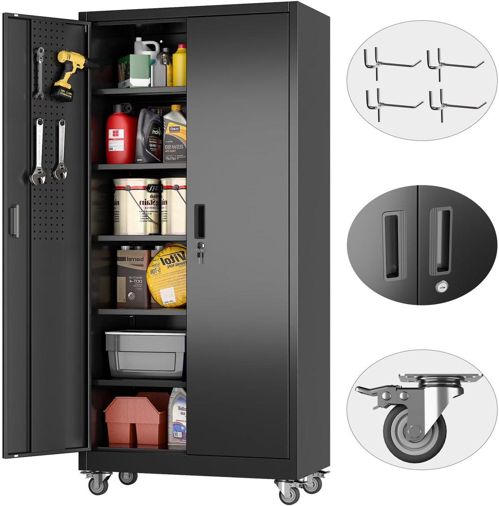 GangMei 71 inches Tall Metal Rolling Garage Storage Cabinets with Locking Doors and 5 Adjustable Shelves, Metal Storage Cabinet for Garage, Office, Home, Classroom, Assemble Required(Black)