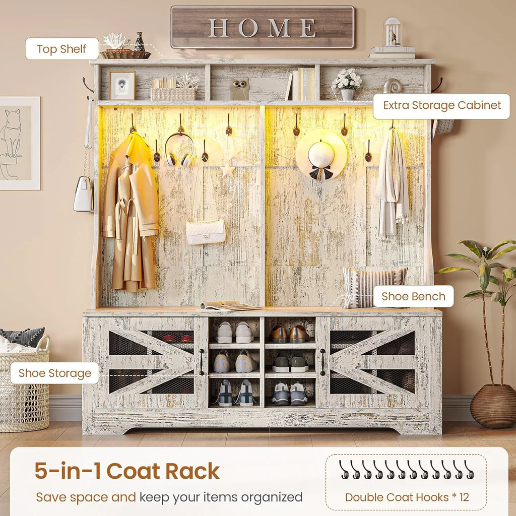 Hall Tree with Coat Rack and 16 Shoe Cubbies, 5-in-1 Entryway Bench with Bench and Shoe Storage, Barn Door & Adjustable Shelf, Embossed White