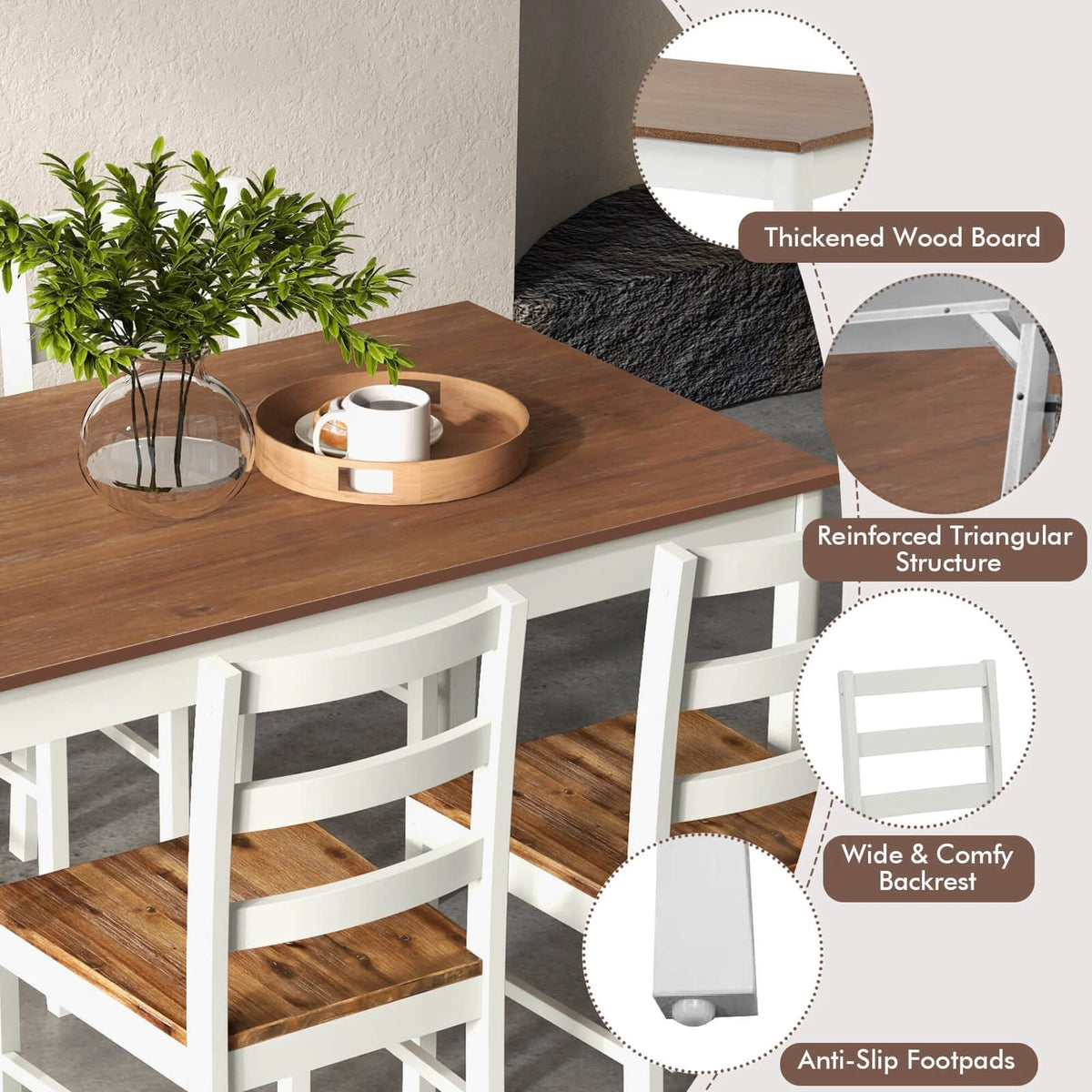 Costway 5-Piece Dining Set Solid Wood Kitchen Furniture with Rectangular Table & 4 Chairs