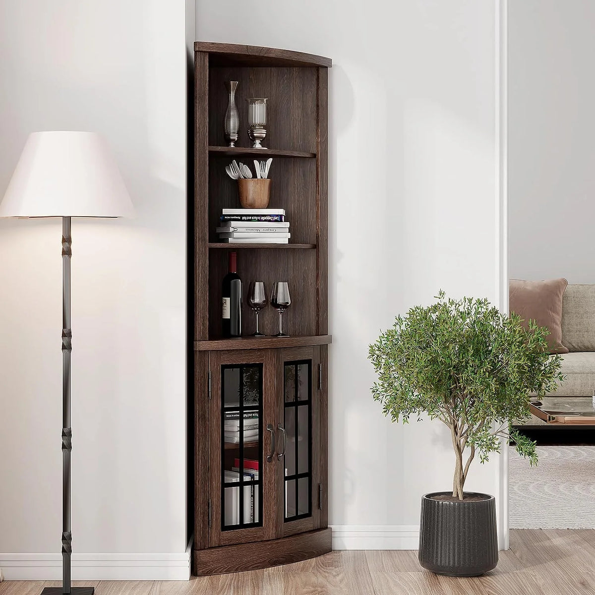 Merluxy Curved Corner Cabinet, 65" Wood Bookcase with 3 Shelves, Distressed White