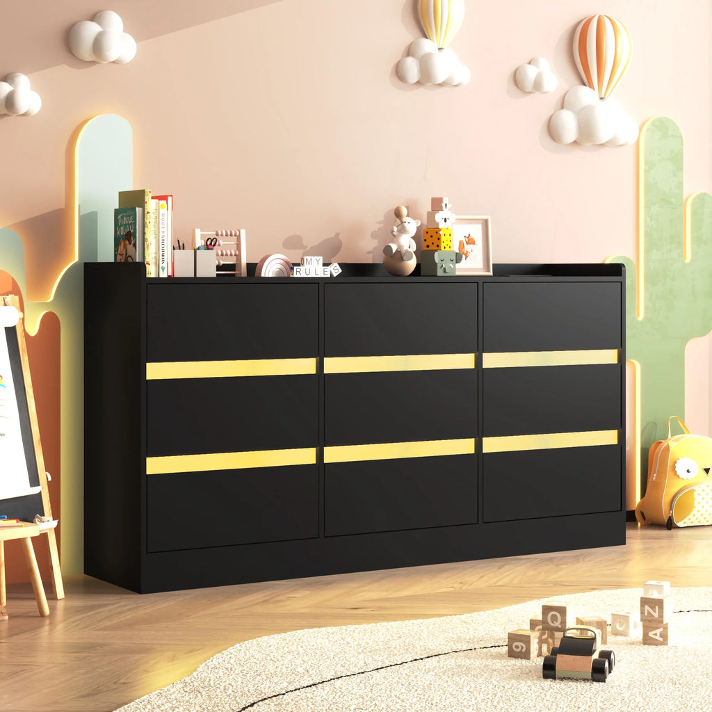 9 Drawer Dresser for Bedroom with Power Outlet, 63" Large Dresser with LED Light, Wooden Dresser For Closet, Chest of Drawers with Raised Edges