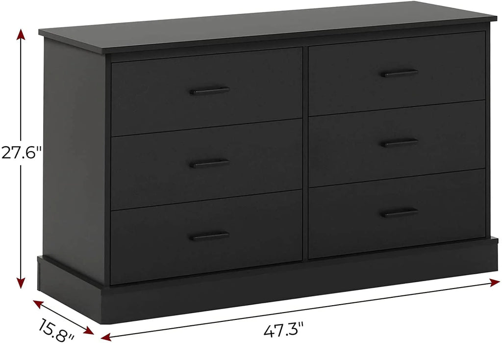 Black Double Dresser with 6 Drawers for Bedroom, Wood Large Chest of Drawers Storage Tower Clothes Organizer