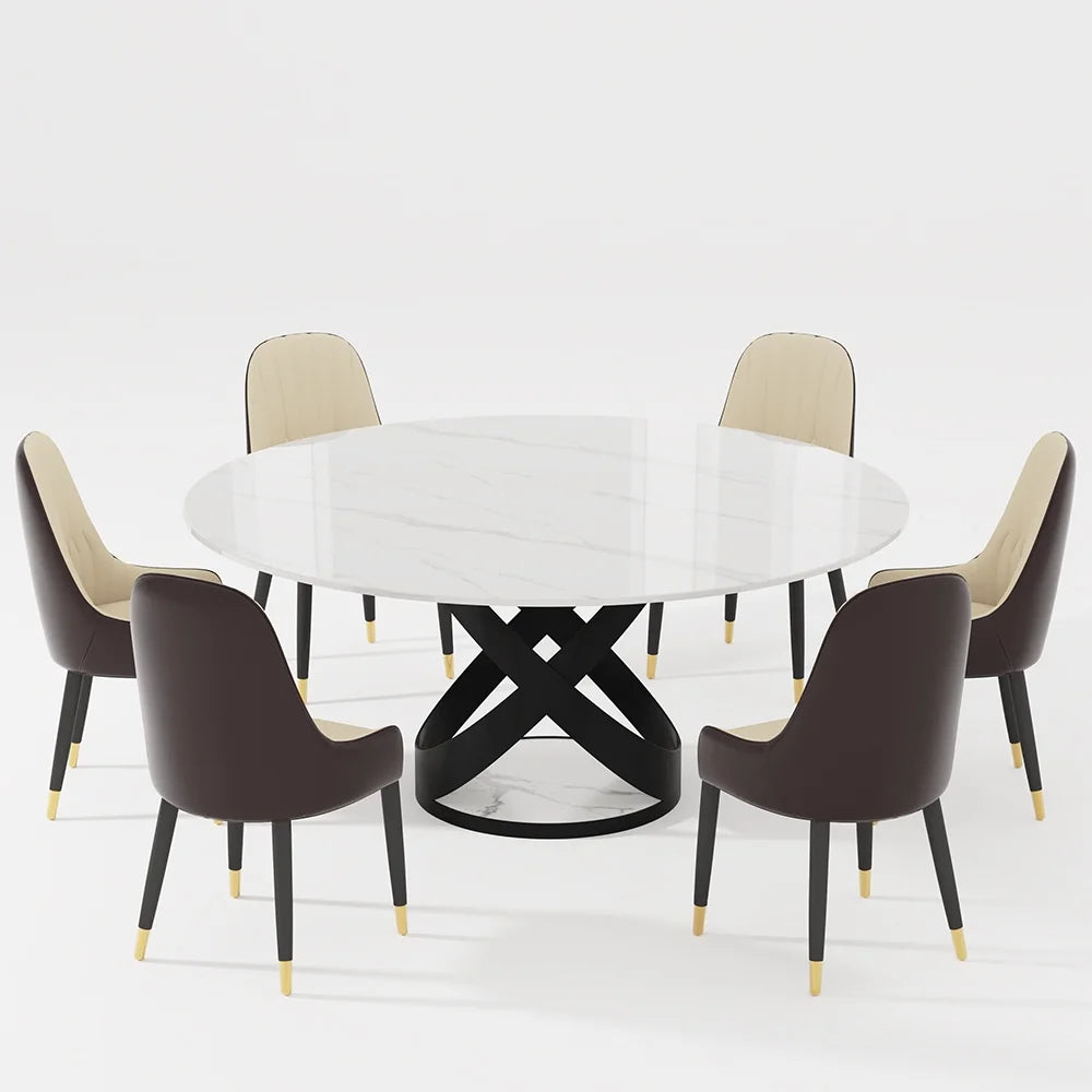 POVISON 7PCS Modern Dining Table Sets (59"Table + 6 Chairs), Round Glossy Sintered Stone Dining Table with Dining Chairs