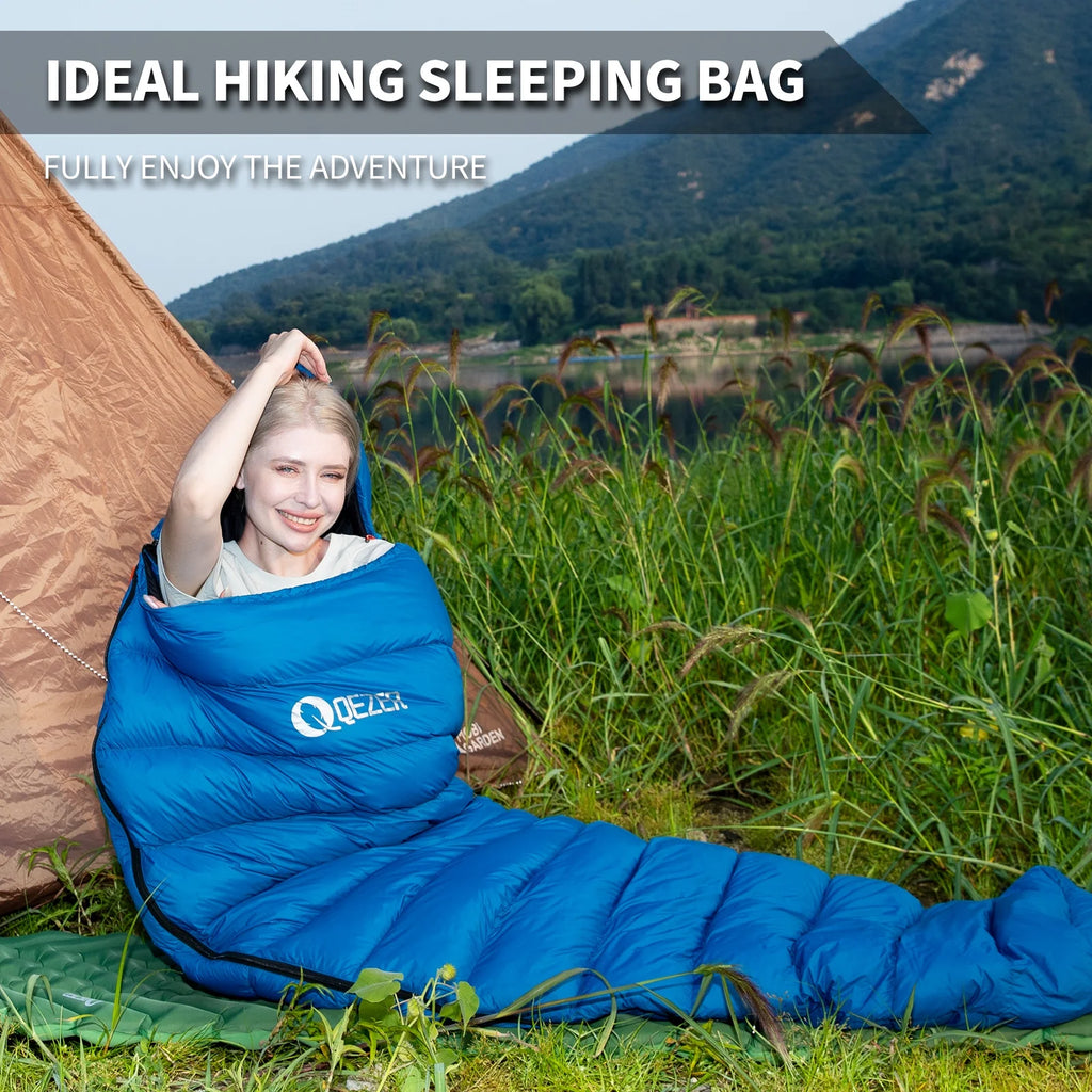 QEZER Ultralight Down Sleeping Bag for Adults, 650FP, 860g, 3-Season Compact for Backpacking & Camping, 36��F-46��F