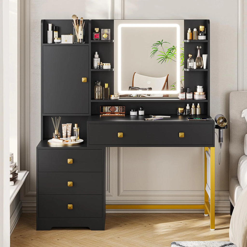 Makeup Vanity Desk with Lighted Mirror & Charging Stations & 6 Drawers Large Vanity Table Bedroom Dressing Table with Glass Tabletop&Side Cabinet&Glass Tabletop, Black
