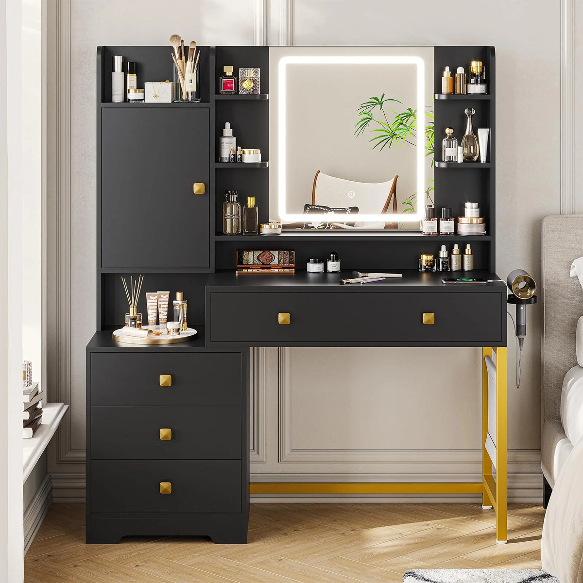 Makeup Vanity Desk with Lighted Mirror & Charging Stations & 6 Drawers Large Vanity Table Bedroom Dressing Table with Glass Tabletop&Side Cabinet&Glass Tabletop, Black