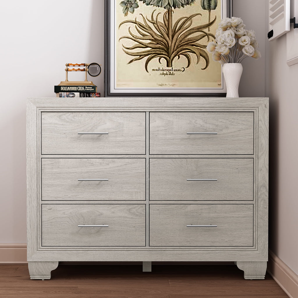 Homhougo White Dresser for Bedroom 6 Drawer, Wood Organizer Storage Cabinet with Gray Strip Drawer Door, Chest of Drawers for Closet, Living Room, Hallway, Nursery, Kids Bedroom