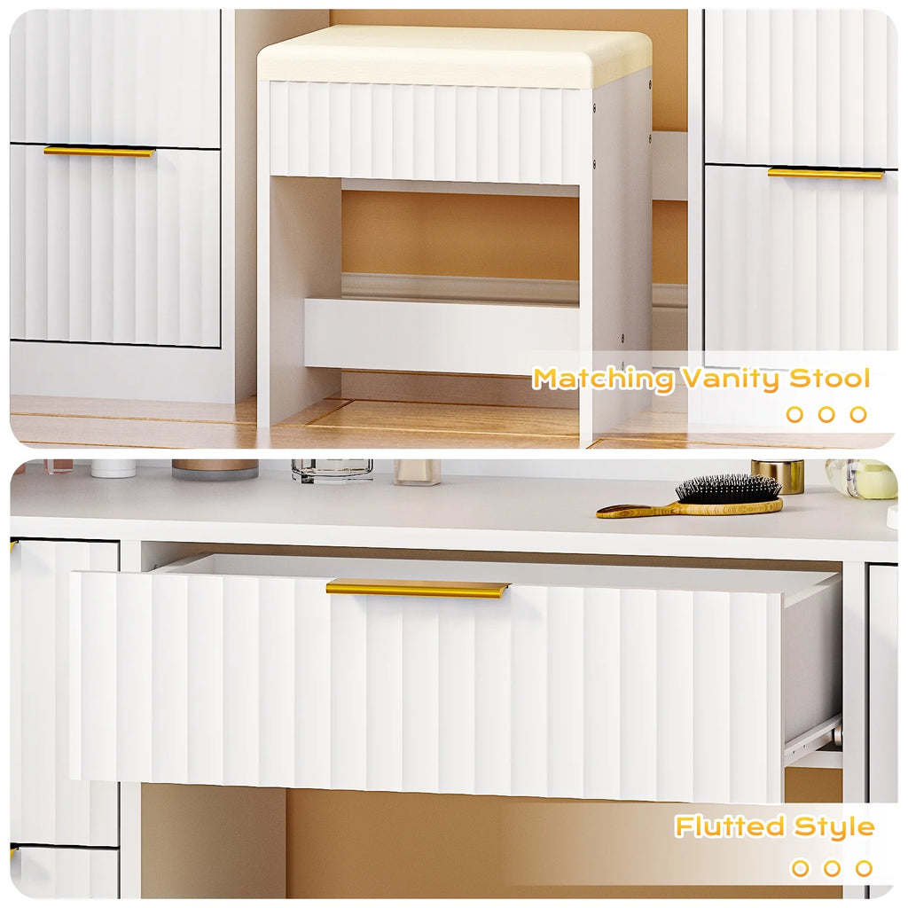 Ktaxon Lighted Makeup Vanity, White Vanity Table Set with 2 Drawer and Charging Station, Femal Gift