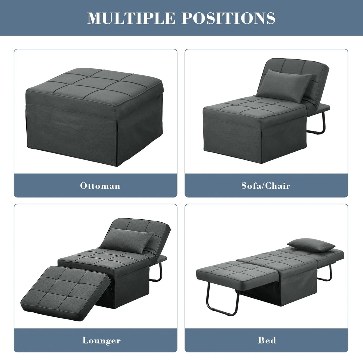 Ainfox Folding Sofa Bed, 4 in 1 Daybeds Ottoman Chair Lounge Couch for Guest Sleeper, Suitable for Modern Living Room, Bedroom, Small Single Size(Dark Grey)