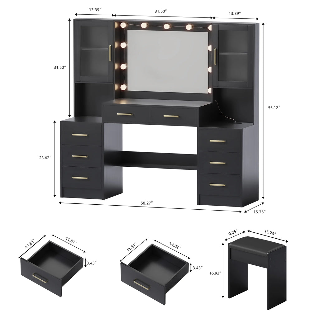 UGTOO 58.3" White Vanity Desk with Mirror, Adjustable Lighting, Power Outlet, Drawers, with Stool