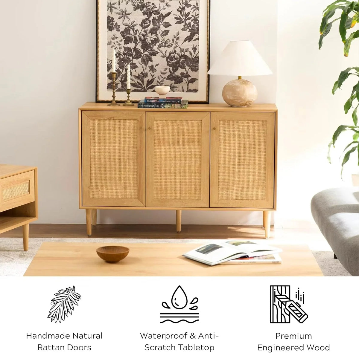 EYYTHUNG Farmhouse 3-Door Rattan Storage Cabinet, Solid Wood Entryway Buffet Sideboard