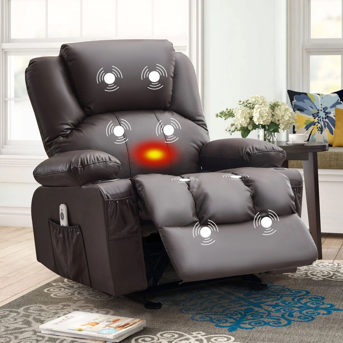 JONPONY Manual Recliner Chair with Heat Therapy and Massage Function, Heavy Duty Reclining Mechanism Massage Chair, Elderly Single Rocker Sofa with Cup Holders for Bedroom Home Theater,Black