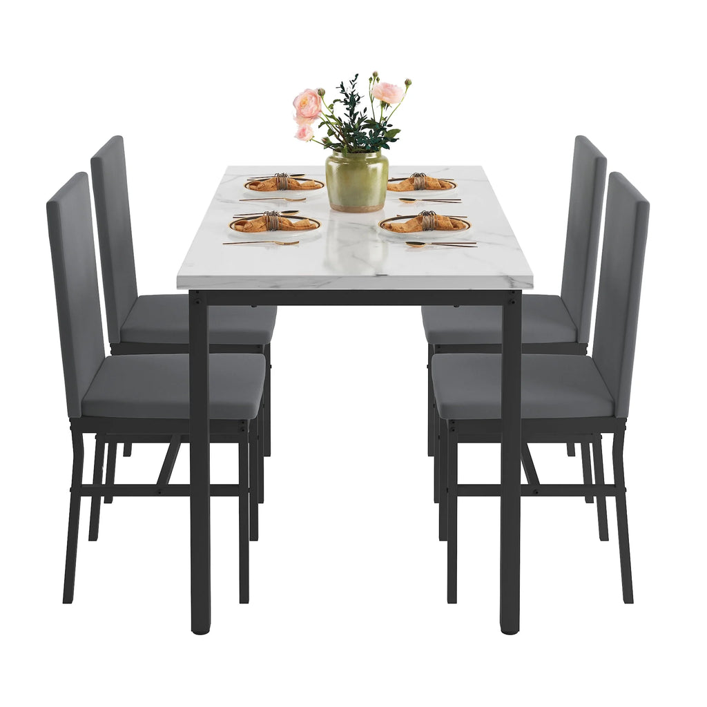 5 Piece Dining Set, Modern Dining Table and Chairs Set for 4, Counter Height Bar Table Set, Modern Pub Table with 4 Velvet Fabric Cushioned Stools, Faux Marble Dining Table & Stools Set, D9297