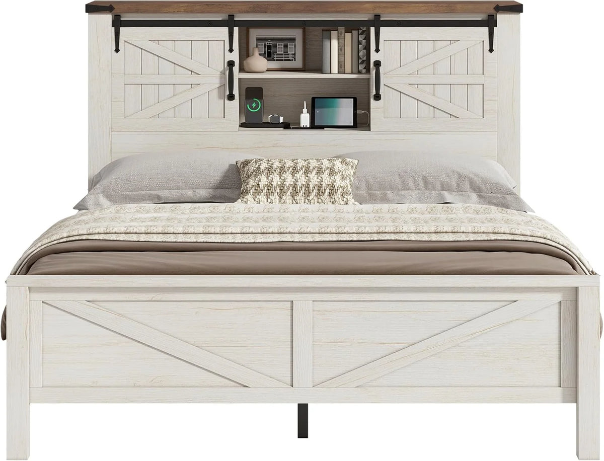 Merluxy Farmhouse Full Bed Frame with Storage Bookcase & Charging Station, Bedroom Furniture, Grey
