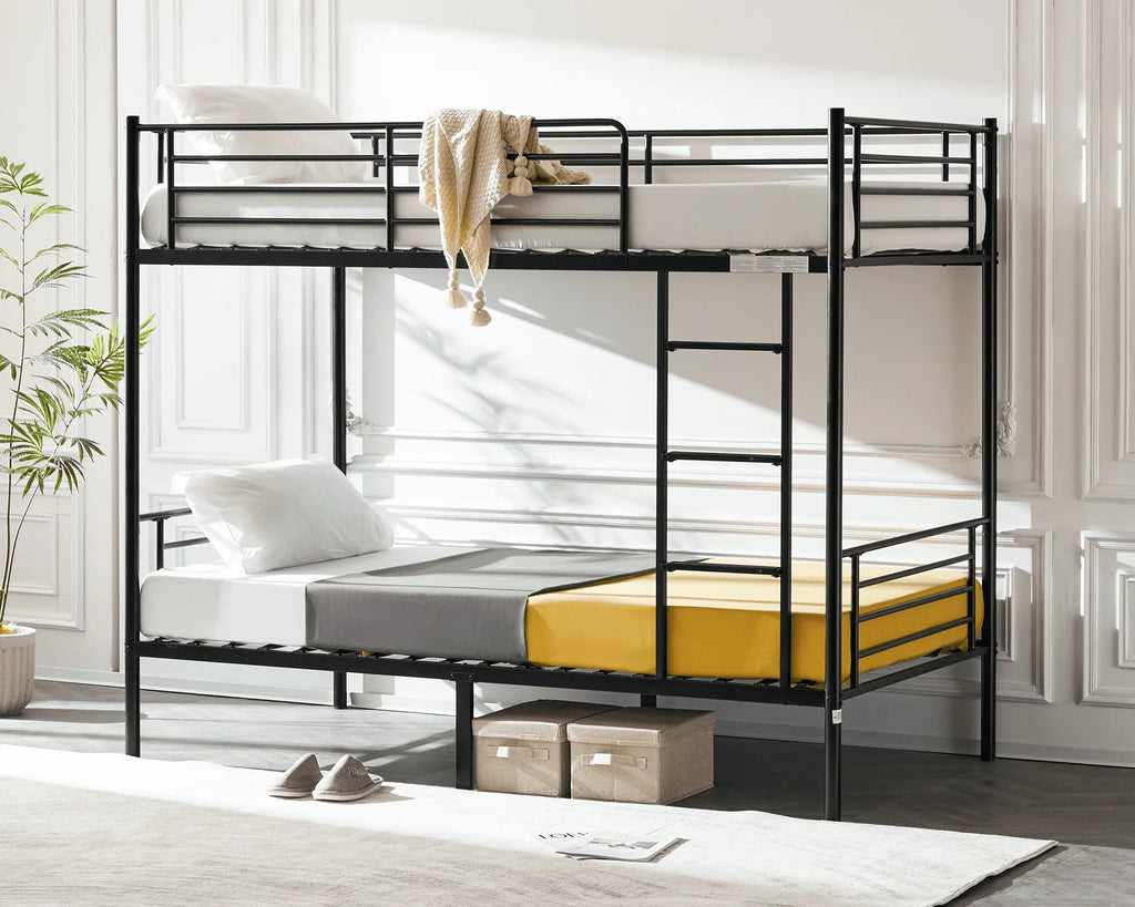 VINGLI Metal Bunk Bed Twin Over Twin with Flat Ladder and High Guardrail, Double Twin Bunk Beds for Kids/Teens/Adults, Bunk Bed with Stairs,Black