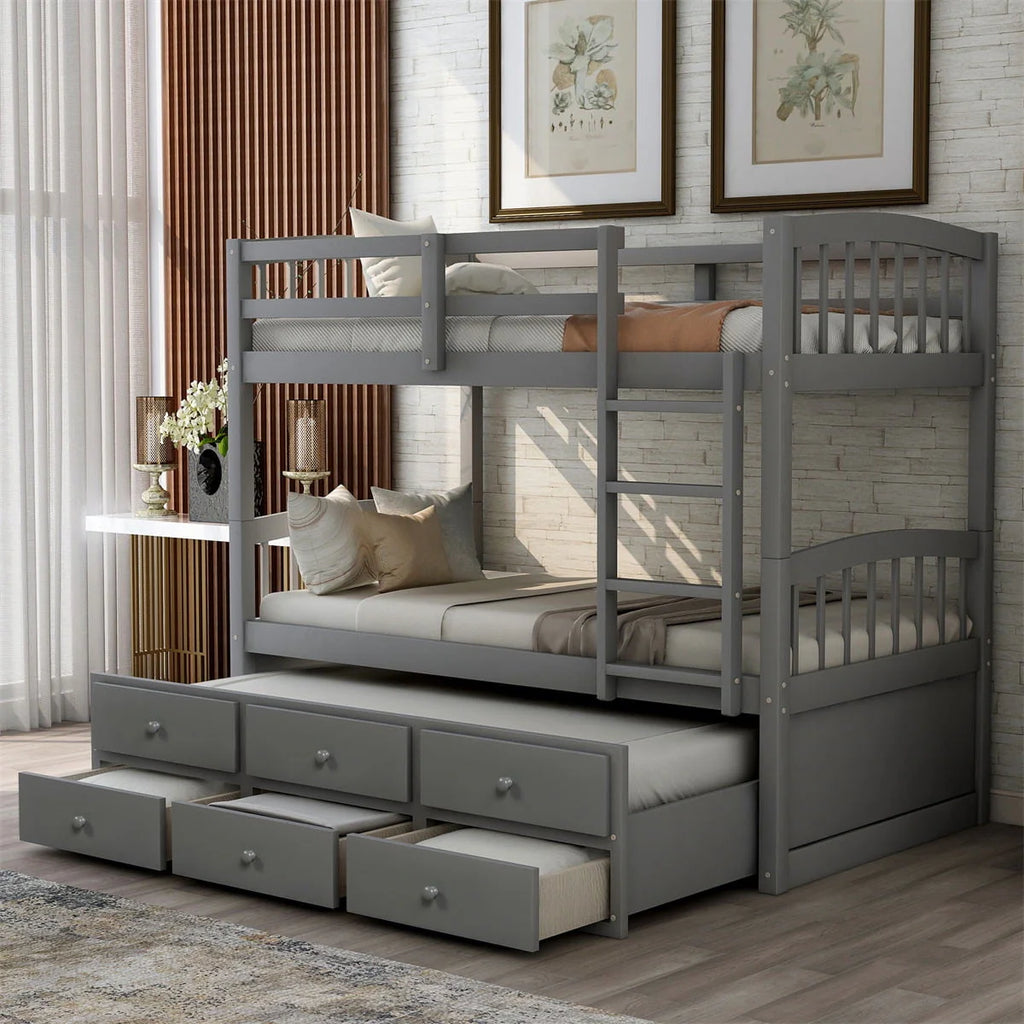 Twin-Over-Twin Bunk Bed with 3 Storage Drawers, Twin Bunk Bed Frame with Ladder & Safety Rail, Pinewood Trundle Bunk Bed for Teen Bedroom, Guest Room Furniture, Can be Convertible to 2 Beds, Gray