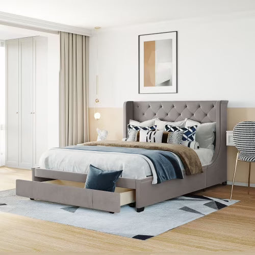 Queen Bed Frame with Storage Drawer, Velvet Upholstered Storage Bed, Wood Platform Bed Frame with Wingback Headboard and a Big Drawer(Beige)