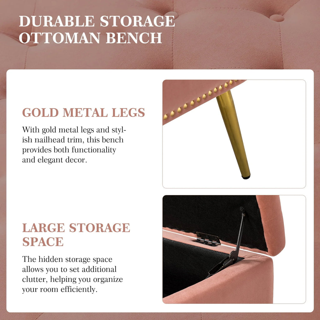 14 Karat Home Velvet Storage Ottoman Bench Gold Leg Upholstered Nailhead Trim Button Tufted Footstool Entryway Bedroom Living Room Pink