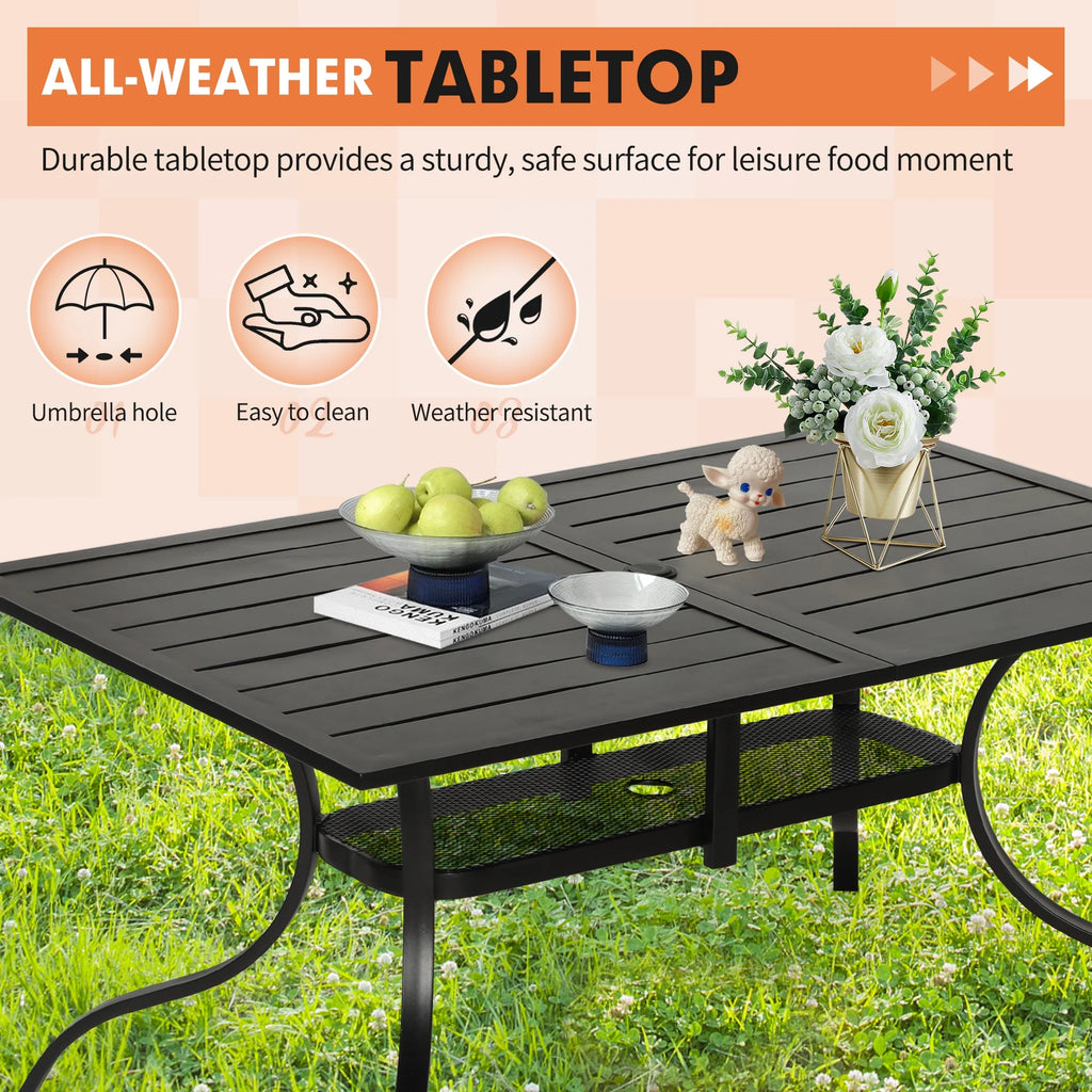 SOLAURA Outdoor Patio Dining Rectangle Metal Table for 6-Person with Umbrella Hole, Black