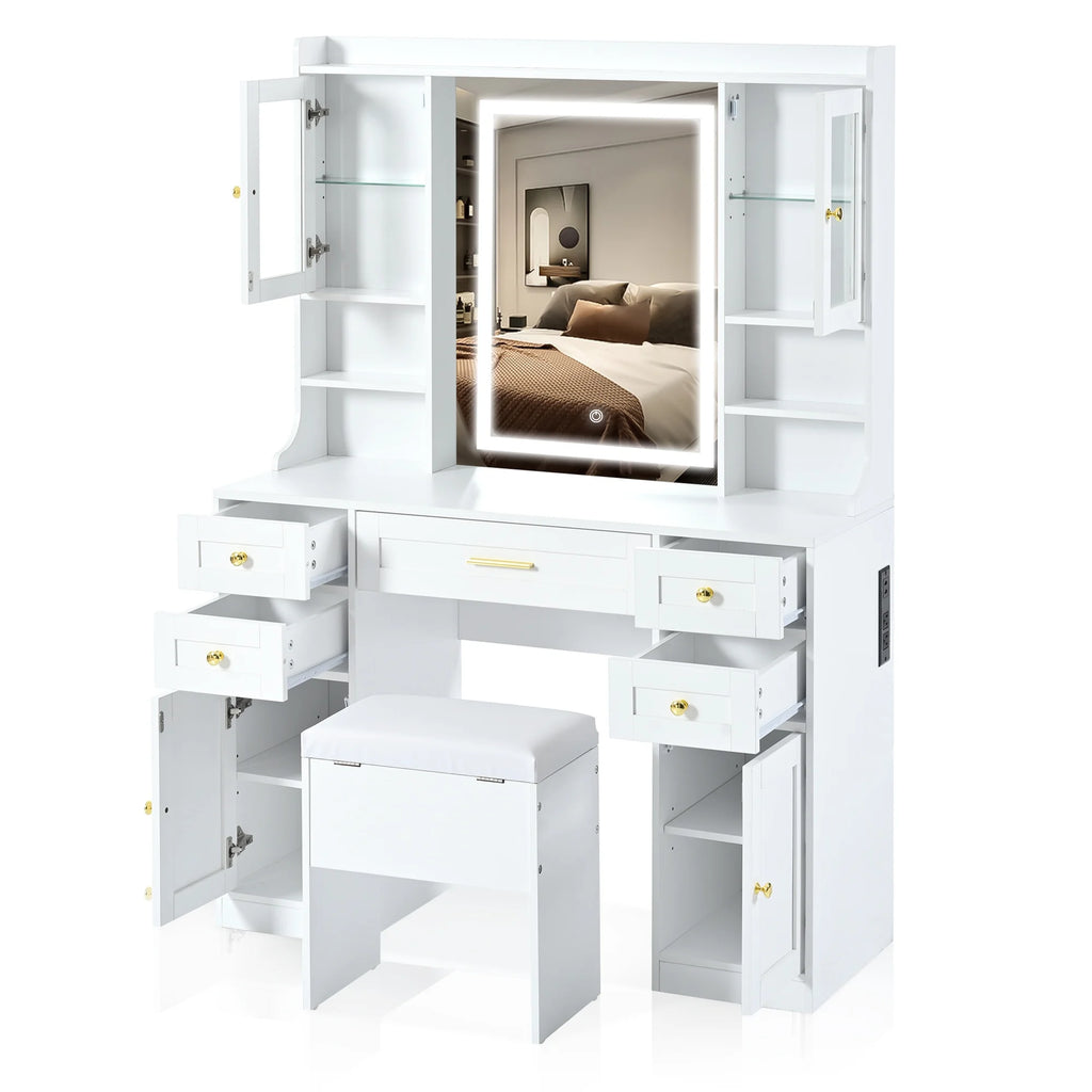 PORKISS Makeup Vanity with Mirror, Vanity Desk Set with 3 Colors Lights, Charging Station and Cushioned Storage Stool, Modern Dressing Table with 5 Drawers and 4 Cabinets for Bedroom, White